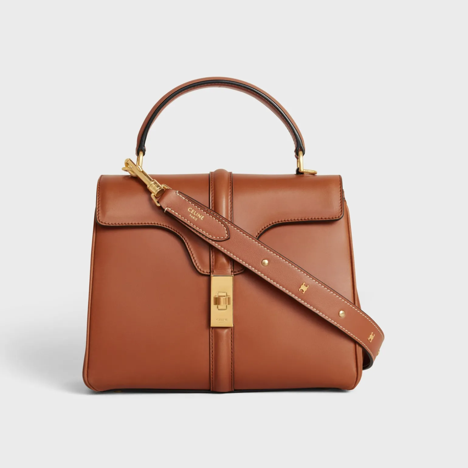 LONG STRAP in smooth CALFSKIN WITH TRIOMPHE STUDS with Gold Finishing